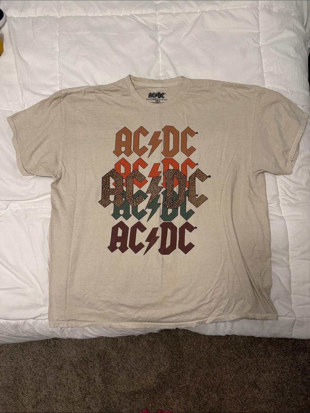 AC/DC Beige Short Sleeve Tee with Multicolor Logo Stack